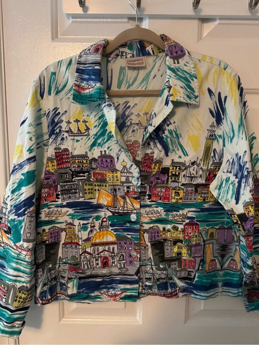 Passport Multicolor Coastal City Print Button-Up Shirt